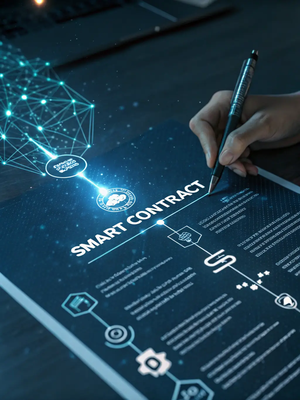 A graphic representation of a smart contract being executed on a blockchain, with visual cues indicating transparency and efficiency.