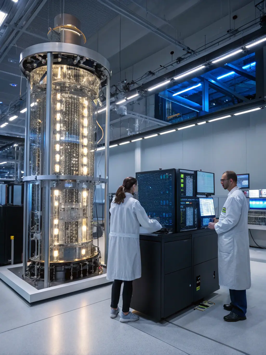 A digital illustration depicting a quantum computer intertwined with a blockchain network, symbolizing the fusion of these technologies in finance. The image should convey innovation and security.