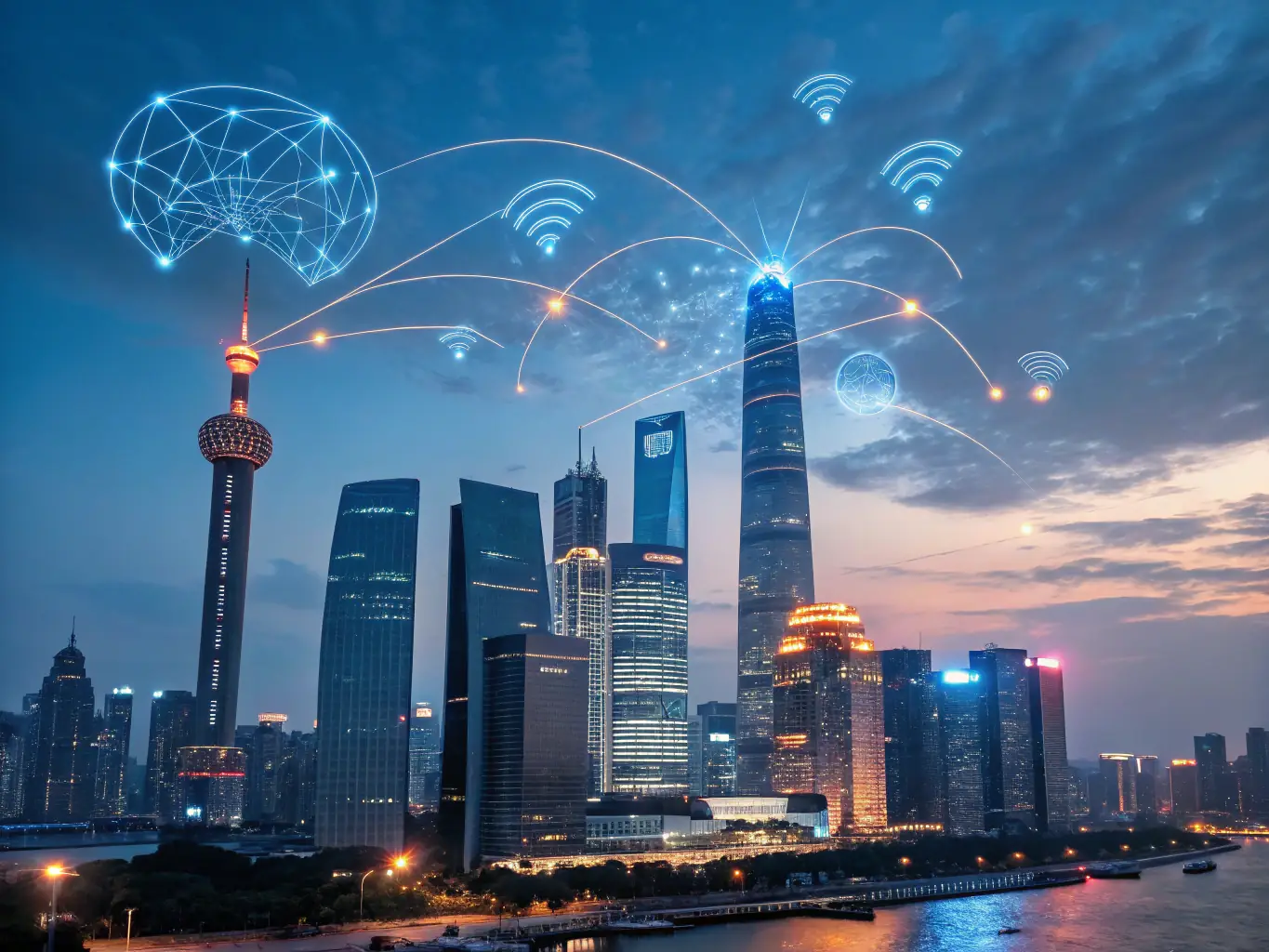A futuristic cityscape with interconnected nodes representing blockchain technology, overlaid with quantum computing symbols, illustrating the integration of quantum science and blockchain in financial systems.