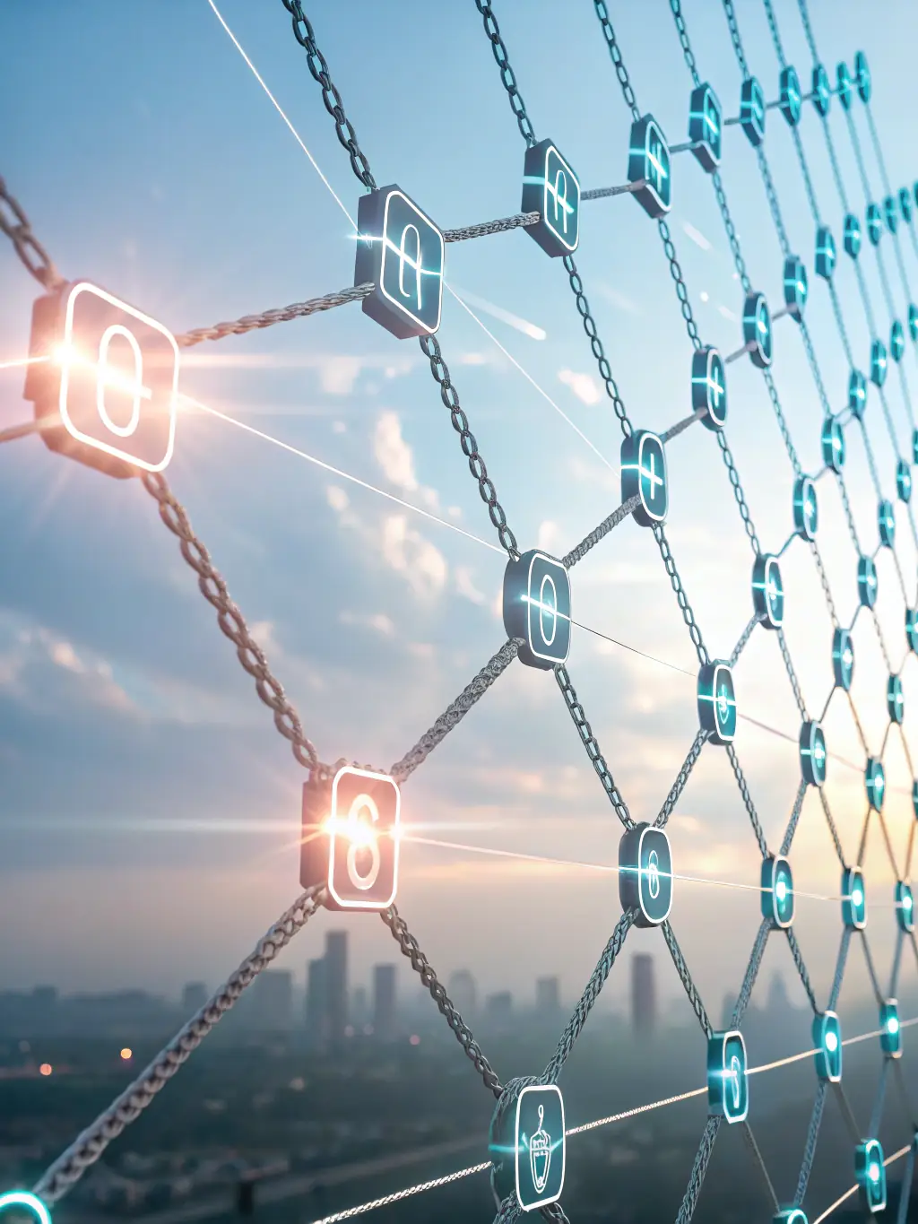 An abstract image representing data streams converging into a secure blockchain ledger, highlighting the streamlined nature of transactions.