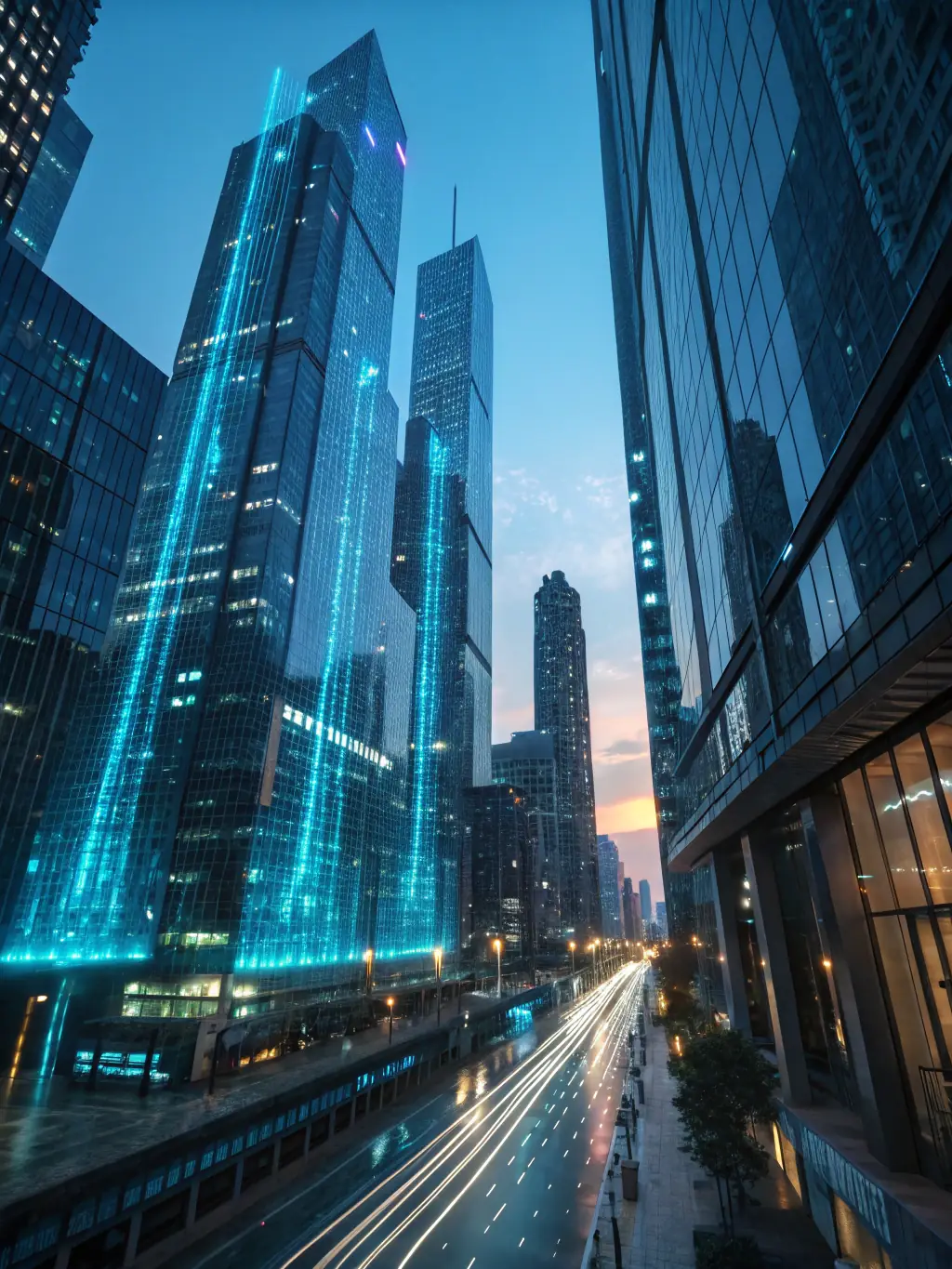 A futuristic cityscape with interconnected nodes representing a decentralized financial network powered by quantum blockchain technology.