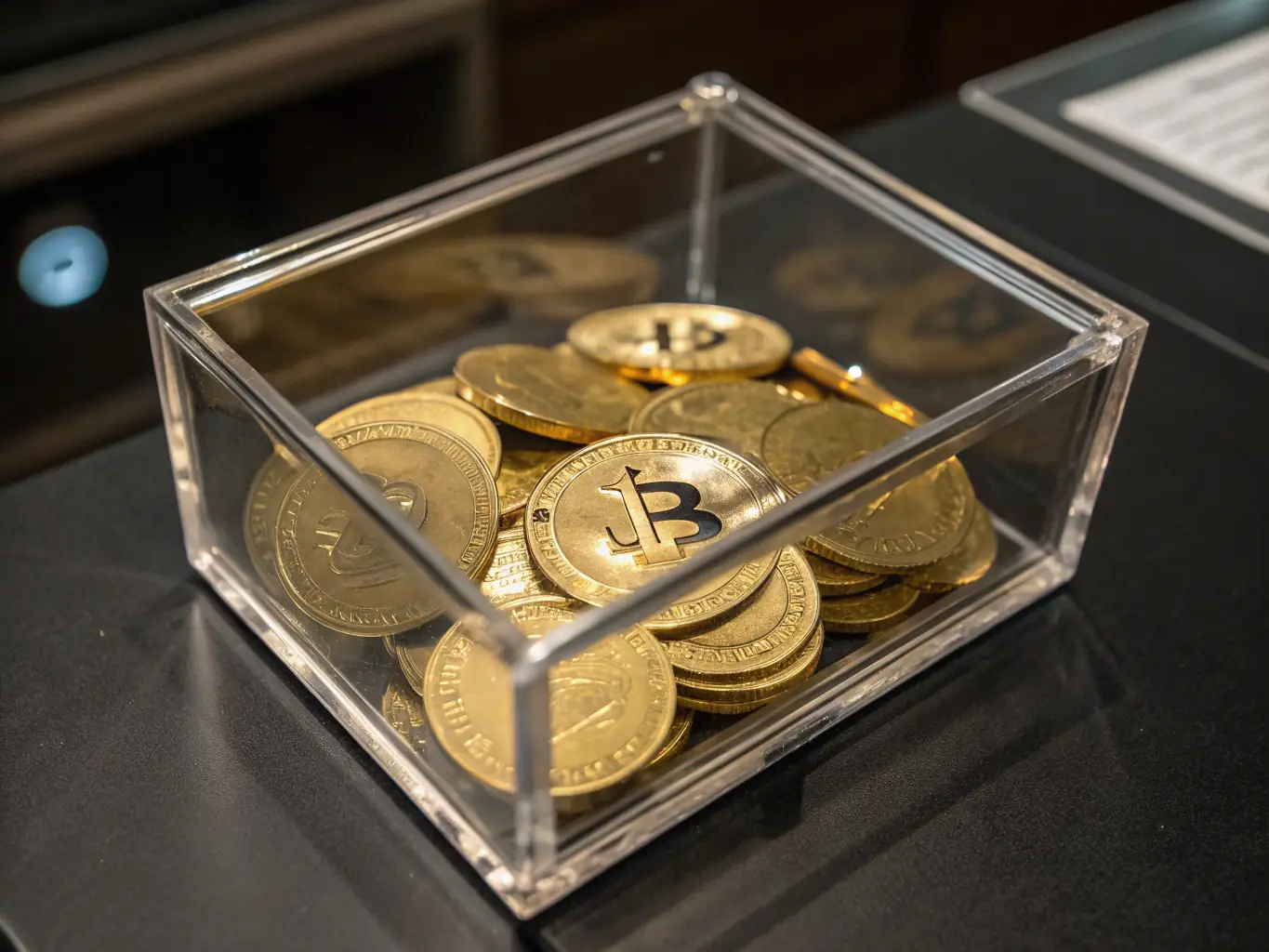 A transparent glass block with blockchain code inside, symbolizing transparency and security in financial transactions, highlighting the reduction of fraud through blockchain technology.
